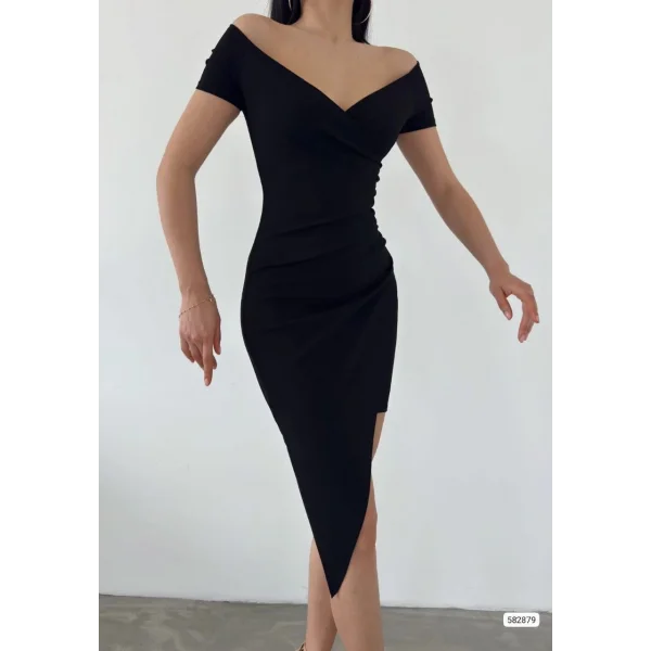 Kadın Dalgıç Krep Kumaş Kayık Yaka Kruvaze Etek Detaylı Elbise