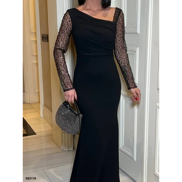 Kadın Dalgıç Krep Kumaş Kolları Tül Ve Taş Detaylı önü Drapeli axi Boy Elbise