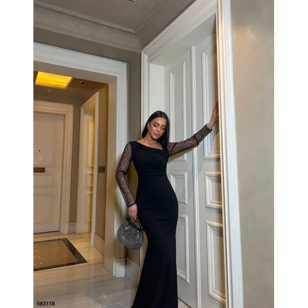 Kadın Dalgıç Krep Kumaş Kolları Tül Ve Taş Detaylı önü Drapeli axi Boy Elbise