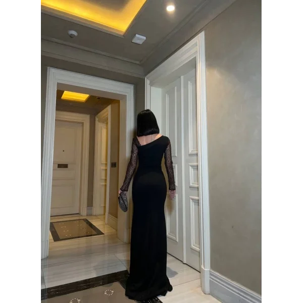 Kadın Dalgıç Krep Kumaş Kolları Tül Ve Taş Detaylı önü Drapeli axi Boy Elbise