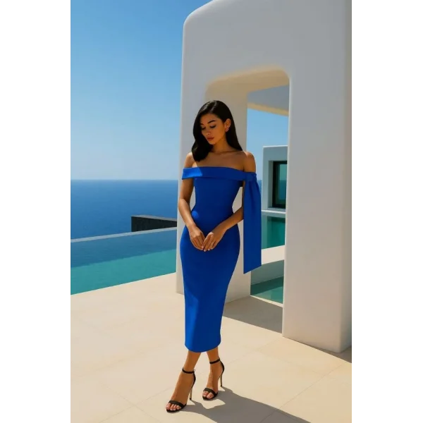 Kadın Dalgıç Krep Kumaş Madonna Yaka Midi Boy Elbise