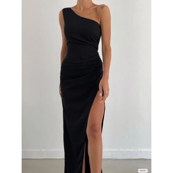 Kadın Dalgıç Krep Kumaş Tek Omuz Yırtmaç Detaylı Maxi Boy Elbise