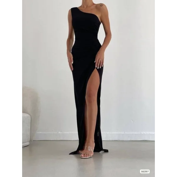 Kadın Dalgıç Krep Kumaş Tek Omuz Yırtmaç Detaylı Maxi Boy Elbise