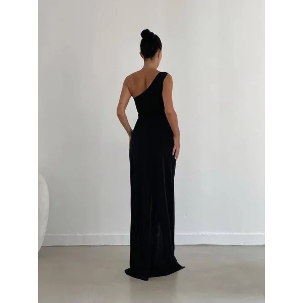 Kadın Dalgıç Krep Kumaş Tek Omuz Yırtmaç Detaylı Maxi Boy Elbise