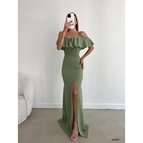 Kadın Dalgıç Krep Yırtmaç Detaylı Askılı Maxi Boy Elbise