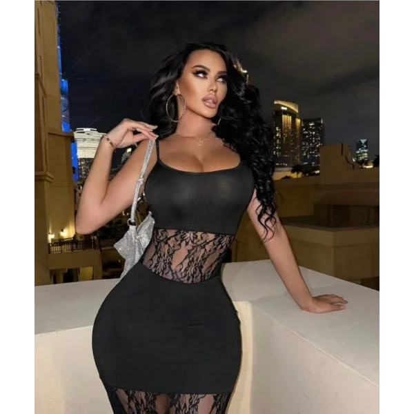 Kadın Dalgıç Kumaş Dantel Detaylı Maxi Boy Elbise