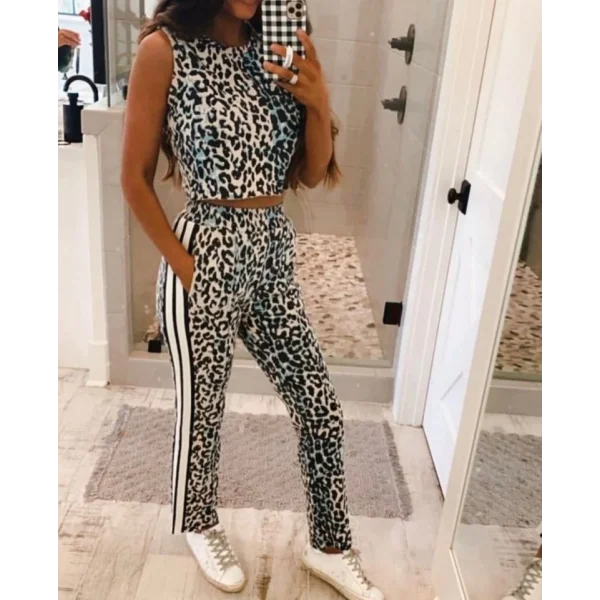 Kadın Dalgıç Kumaş Dijital Leopar Baskılı şerit Detaylı Takım