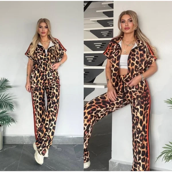 Kadın Dalgıç Kumaş Dijital Leopar Baskılı şerit Detaylı Takım