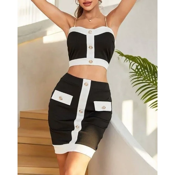 Kadın Dalgıç Kumaş Düğme Aksesuarlı Zincirlı Takım