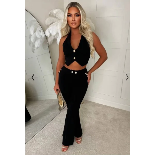 Kadın Dalgıç Kumaş Düğme Detaylı Yelek Pantolon Ikili Takım