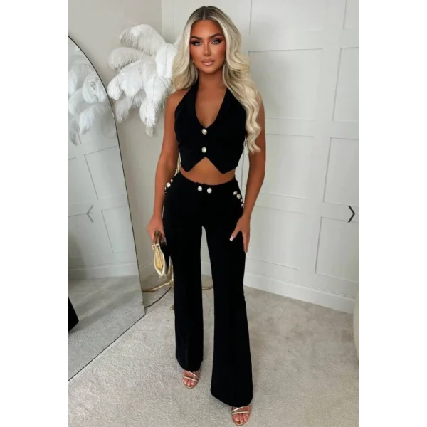 Kadın Dalgıç Kumaş Düğme Detaylı Yelek Pantolon Ikili Takım