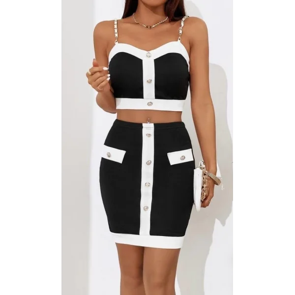 Kadın Dalgıç Kumaş Düğme Ve Zincir Detaylı Ikili Takım