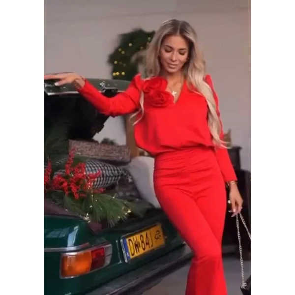 Kadın Dalgıç Kumaş Gül Aksesuar Detaylı Ikili Takım