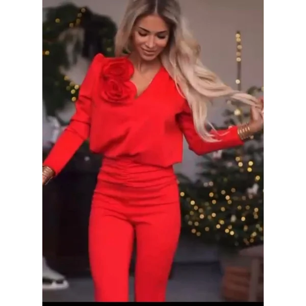 Kadın Dalgıç Kumaş Gül Aksesuar Detaylı Ikili Takım