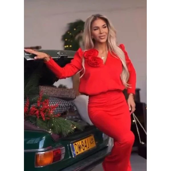 Kadın Dalgıç Kumaş Gül Aksesuar Detaylı Ikili Takım