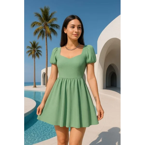 Kadın Dalgıç Kumaş Kalp Yaka Elbise