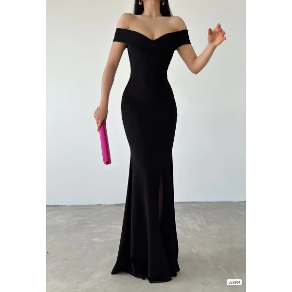 Kadın Dalgıç Kumaş Kayık Yaka Ve Dekolte Detaylı Elbise