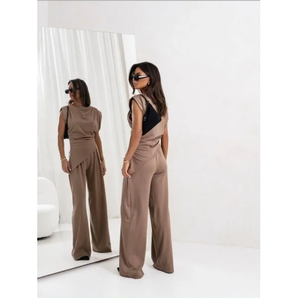 Kadın Dalgıç Kumaş Sıfır Kol Bluz Ve Bol Kesim Pantolon Ikili Takım