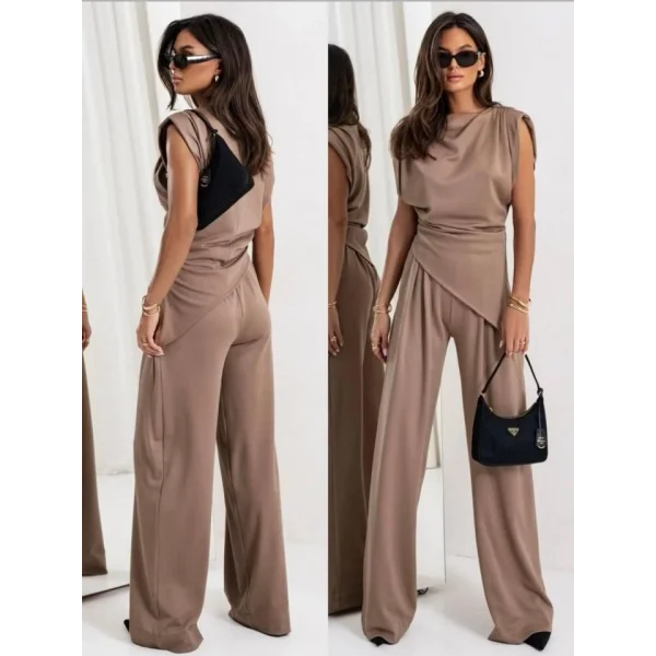 Kadın Dalgıç Kumaş Sıfır Kol Bluz Ve Bol Kesim Pantolon Ikili Takım