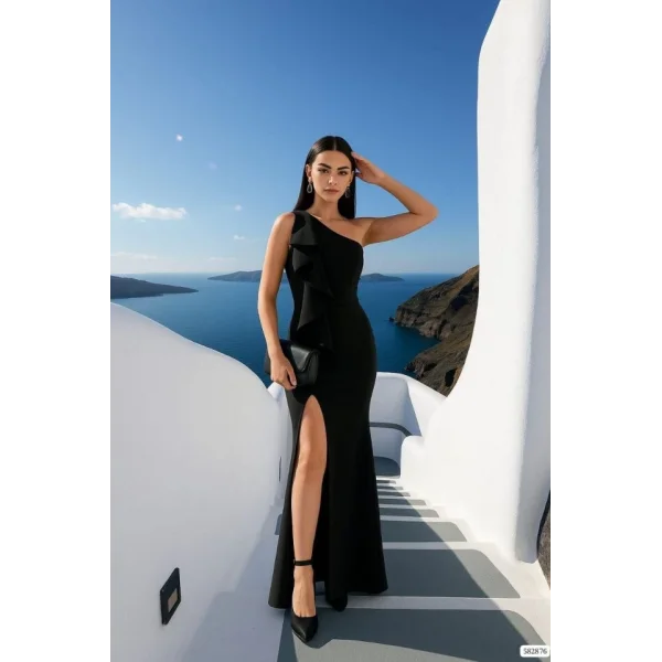 Kadın Dalgıç Kumaş Tek Omuz Askılı Yırtmaç Detaylı Maxi Boy Elbise