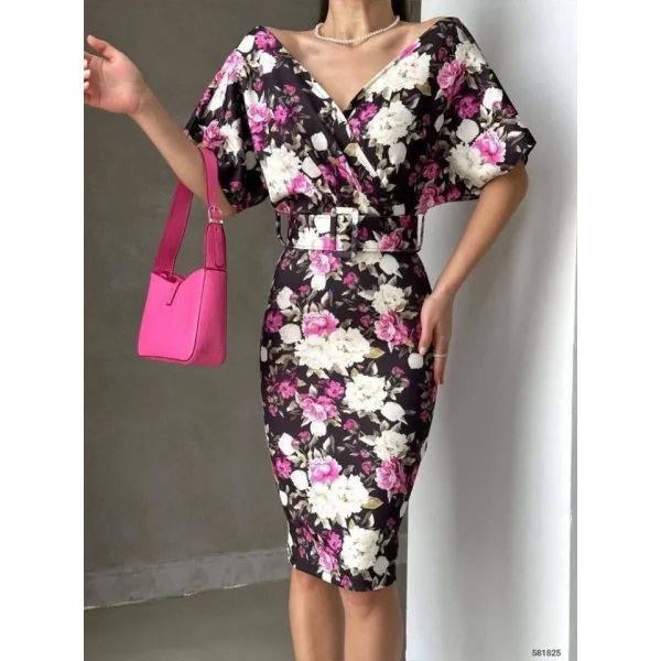Kadın Dalgıç Kumaş V Yaka çiçek Desenli Kuşaklı Kalem Elbise