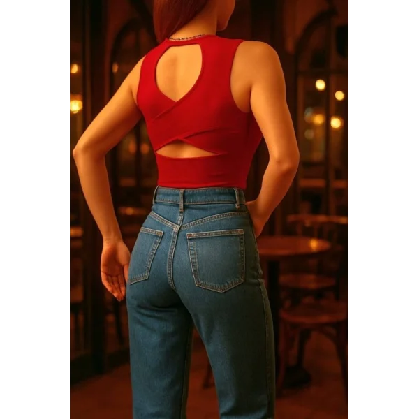 Kadın Damla Sırt Dekolte Çapraz Detay Kolsuz Triko Bluz