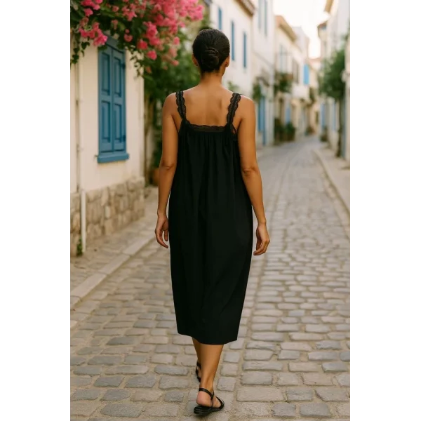 Kadın Dantel Askılı Kare Yakalı Uzun Viskon Elbise