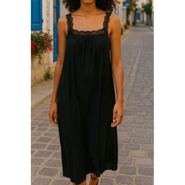 Kadın Dantel Askılı Kare Yakalı Uzun Viskon Elbise