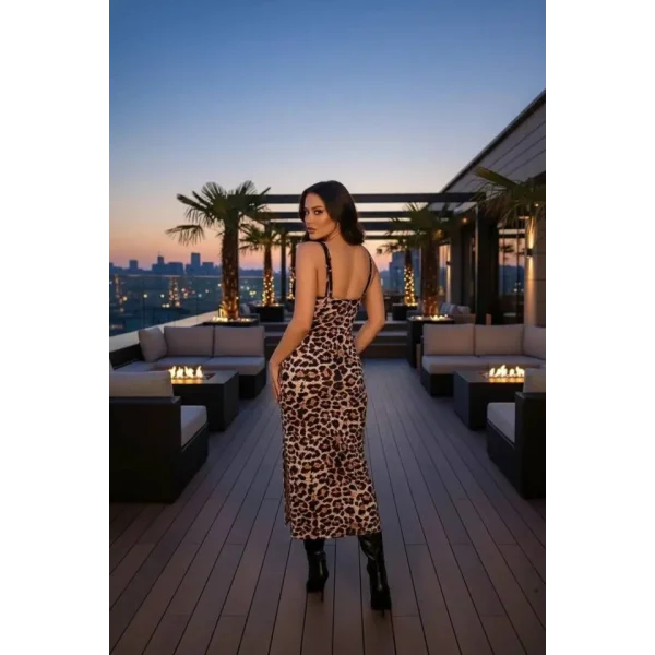 Kadın Dantel Detay Omuz Askılı Leopar Desen Maxi Yırtmaçlı Gloplu Elbise