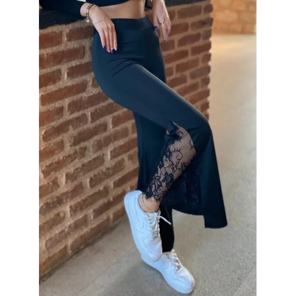 Kadın Dantel Eklemeli Ispanyol Paça Scuba Tayt Pantalon