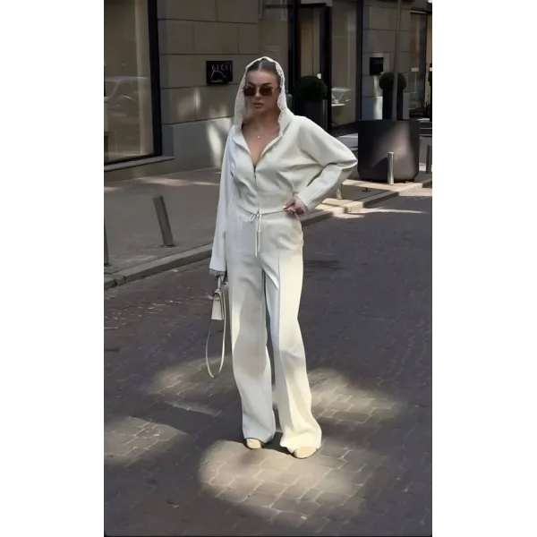 Kadın Dantel Işlemeli Kapüşon Detay Hırka Ve Ispanyol Paça Pantolon Ikili Takım