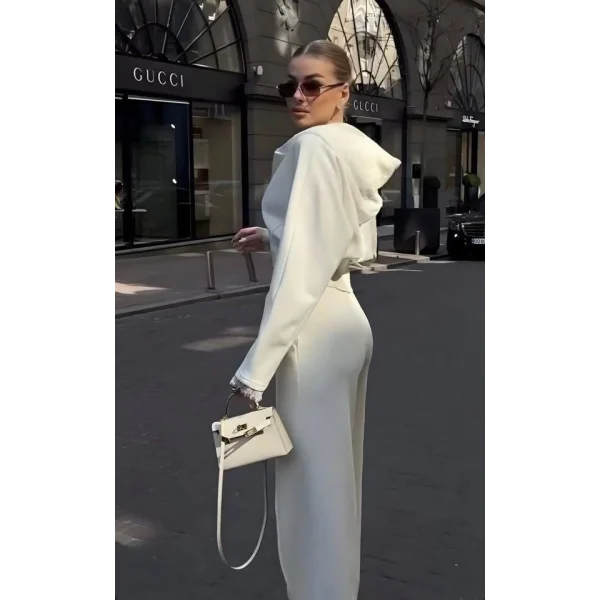 Kadın Dantel Işlemeli Kapüşon Detay Hırka Ve Ispanyol Paça Pantolon Ikili Takım