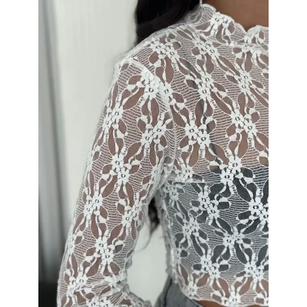 Kadın Dantel Uzun Kol Bluz- Beyaz