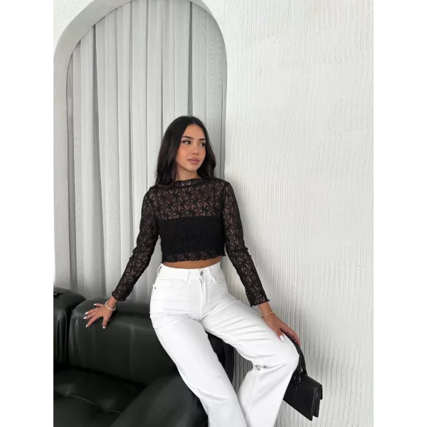 Kadın Dantel Uzun Kol Bluz- Siyah