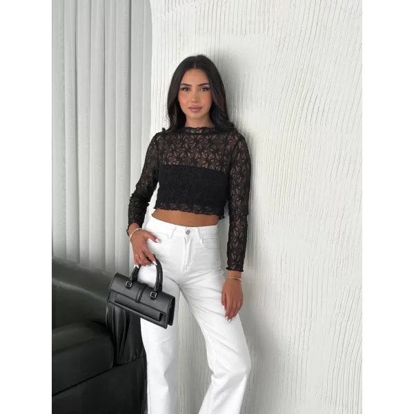 Kadın Dantel Uzun Kol Bluz- Siyah