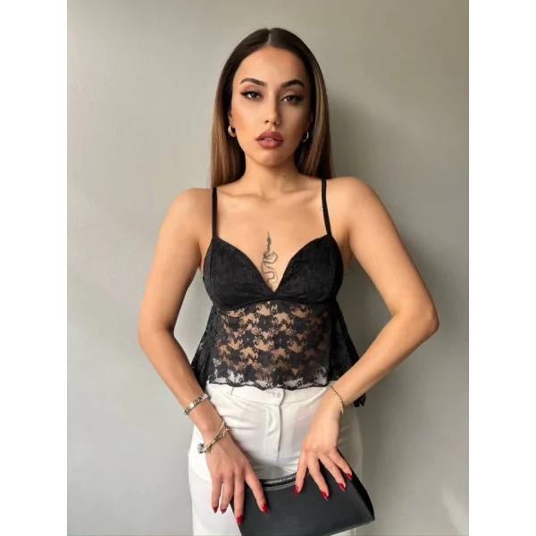 Kadın Dantelli İnce Askılı Sırt Bağlamalı Transparan Bluz