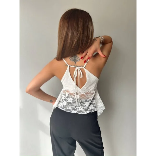 Kadın Dantelli İnce Askılı Sırt Bağlamalı Transparan Bluz