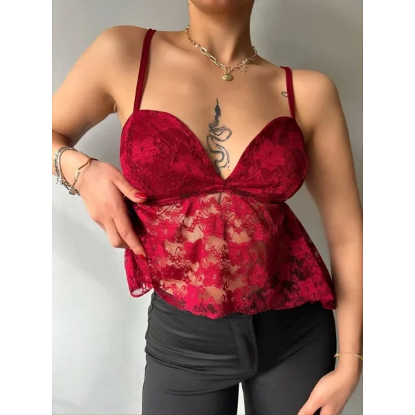 Kadın Dantelli İnce Askılı Sırt Bağlamalı Transparan Bluz