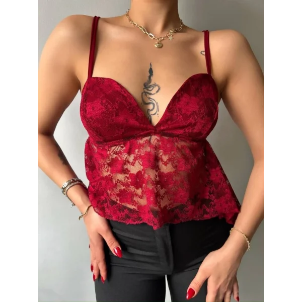 Kadın Dantelli İnce Askılı Sırt Bağlamalı Transparan Bluz