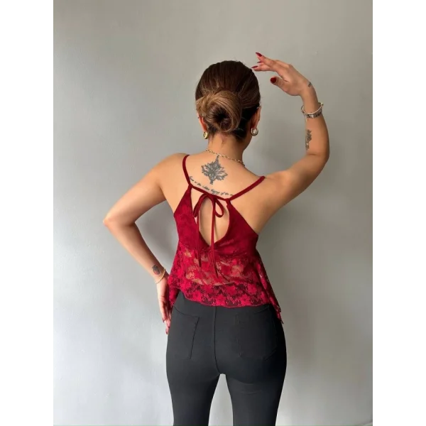 Kadın Dantelli İnce Askılı Sırt Bağlamalı Transparan Bluz