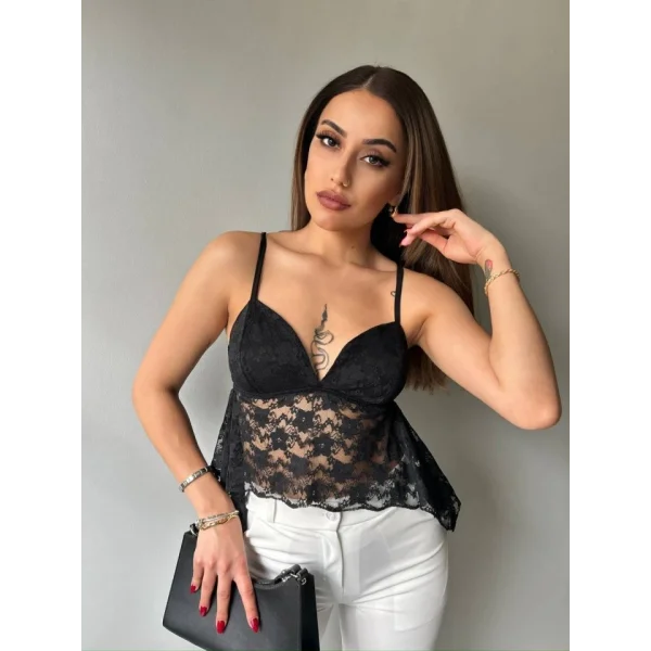 Kadın Dantelli İnce Askılı Sırt Bağlamalı Transparan Bluz