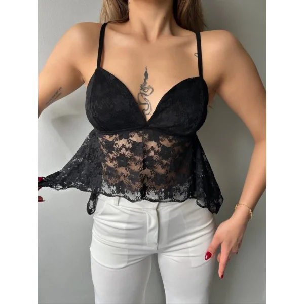 Kadın Dantelli İnce Askılı Sırt Bağlamalı Transparan Bluz