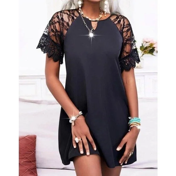 Kadın Dantelli Kısa Kollu Damla Yaka Krep Elbise