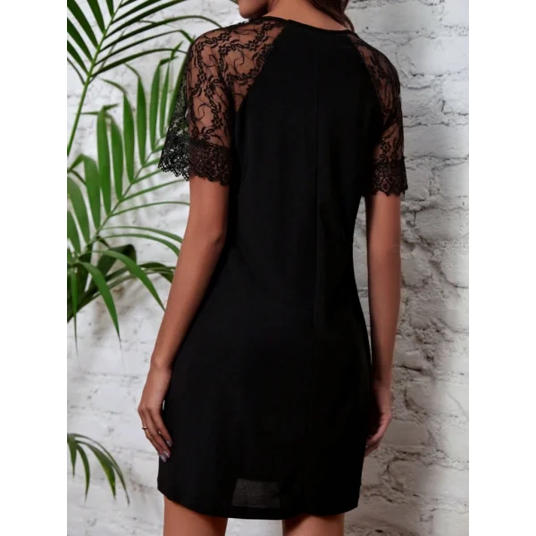 Kadın Dantelli Kısa Kollu Damla Yaka Krep Elbise