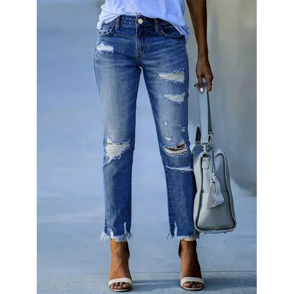 Kadın Dar Kesim Cepli önden Yırtık Desenli Denim Pantolon