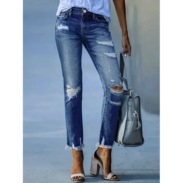 Kadın Dar Kesim Cepli önden Yırtık Desenli Denim Pantolon