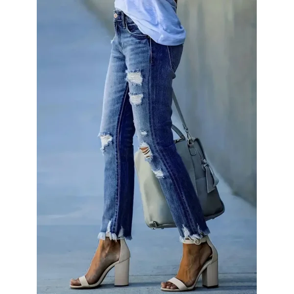 Kadın Dar Kesim Cepli önden Yırtık Desenli Denim Pantolon