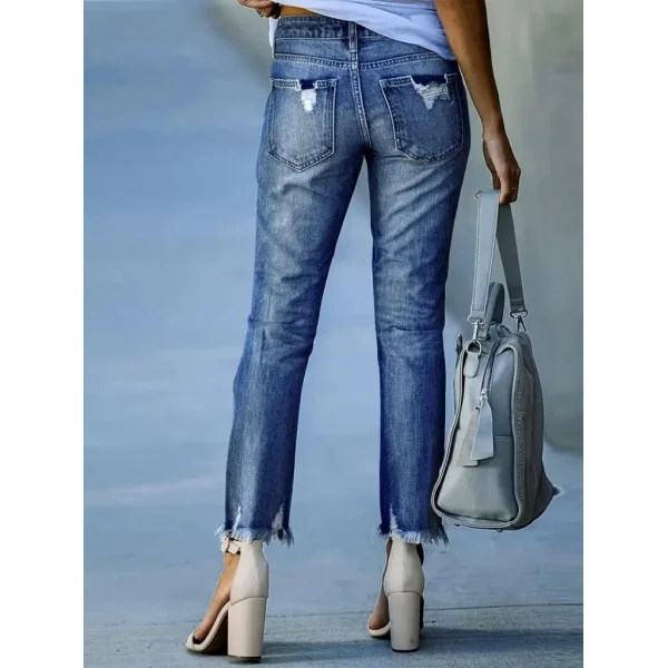 Kadın Dar Kesim Cepli önden Yırtık Desenli Denim Pantolon