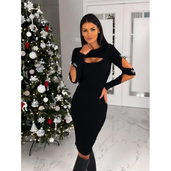 Kadın Dekolte Detaylı cuba Dalgıç Kumaş Taş Aksesuarli Elbise