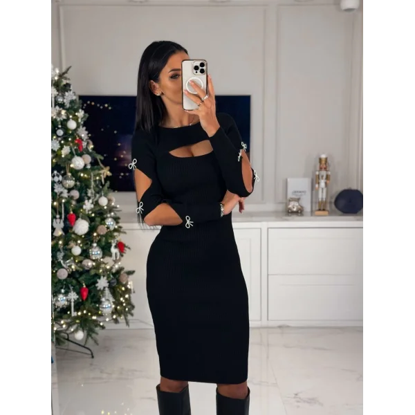 Kadın Dekolte Detaylı cuba Dalgıç Kumaş Taş Aksesuarli Elbise